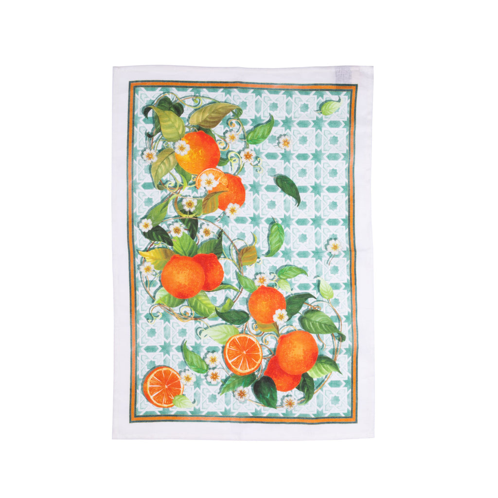 This linen kitchen towel adorned with oranges and blossoms will transport your kitchen to Italy in the summertime.  In 100% linen, this towel is lightweight and durable. The oranges and greens will add pops of summer colors to your kitchen. Dimensions: 20" x 28" Material: 100% Linen Made in Tuscany, Italy