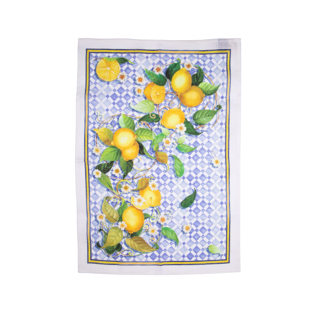 This linen kitchen towel adorned with lemons and blossoms is lightweight and durable and in a stunning design could double as a piece of art. The yellows and blues will add gorgeous pops of summer colors to your kitchen.  Dimensions: 20" x 28" Material: 100% Linen Made in Tuscany, Italy