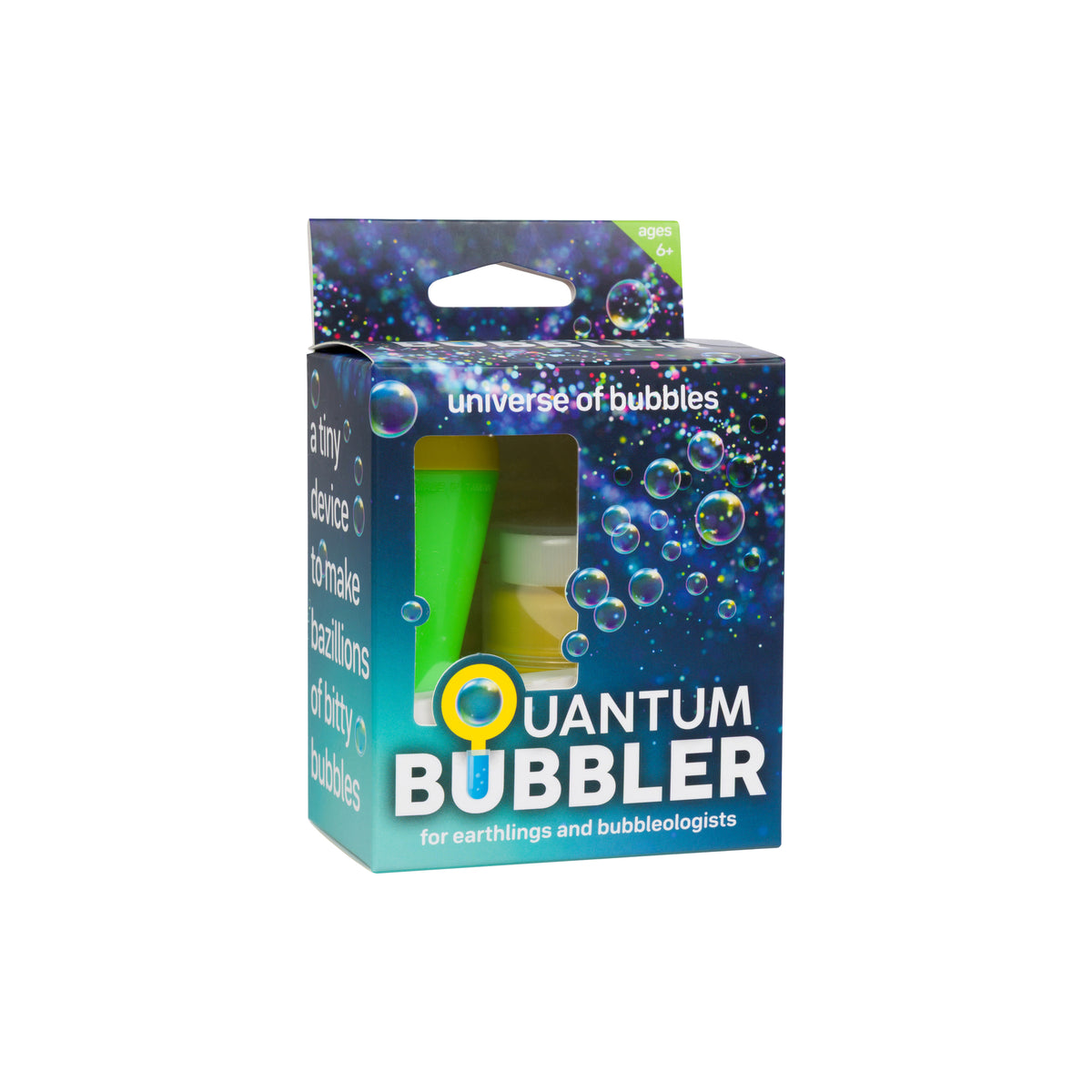 Universe of Bubbles Quantum Bubbler kit in its retail packaging, featuring a blue and teal box with bubble graphics and a visible green and white bubble maker inside.