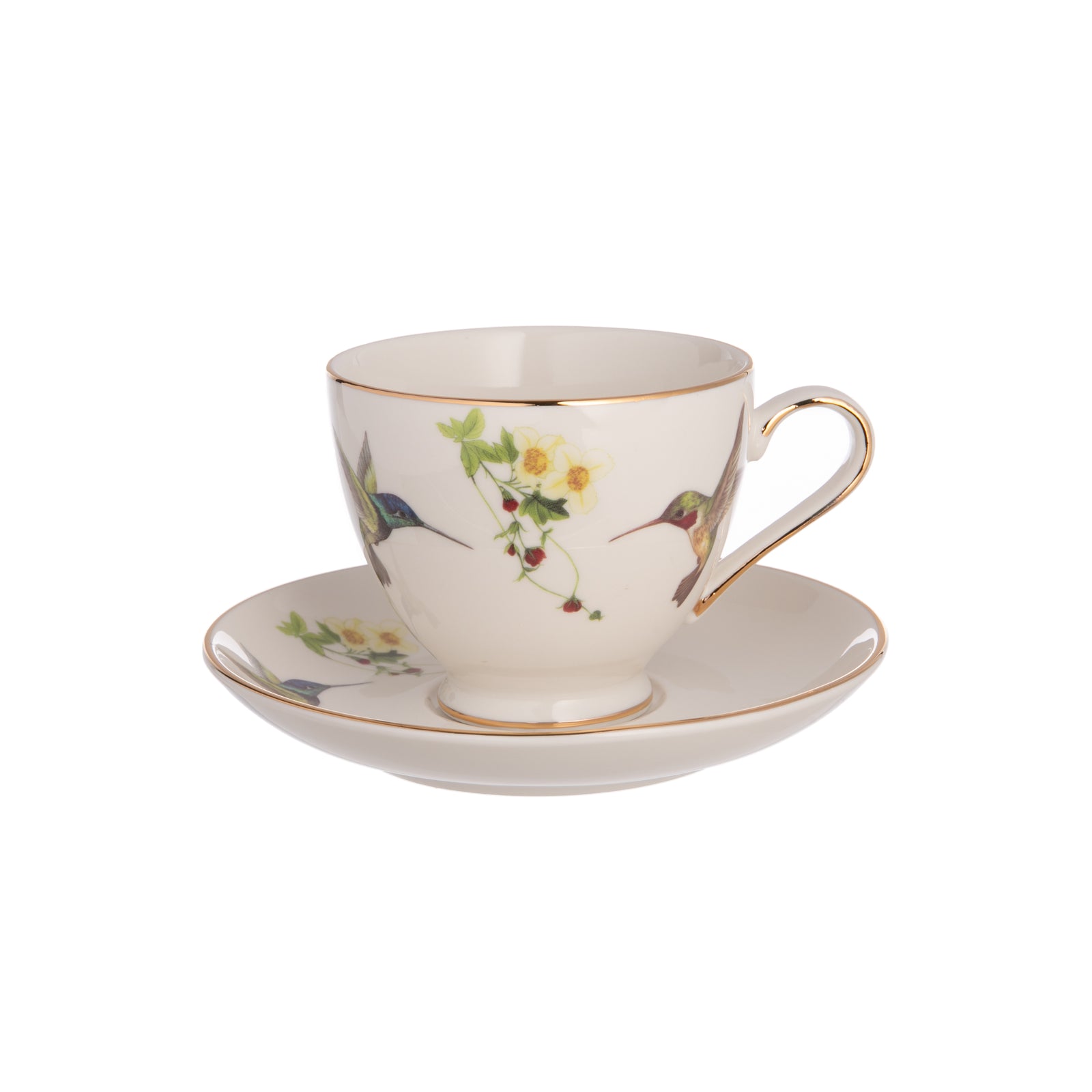 A bone china cup and saucer set with a floral and hummingbird motif, accented with gold trim.