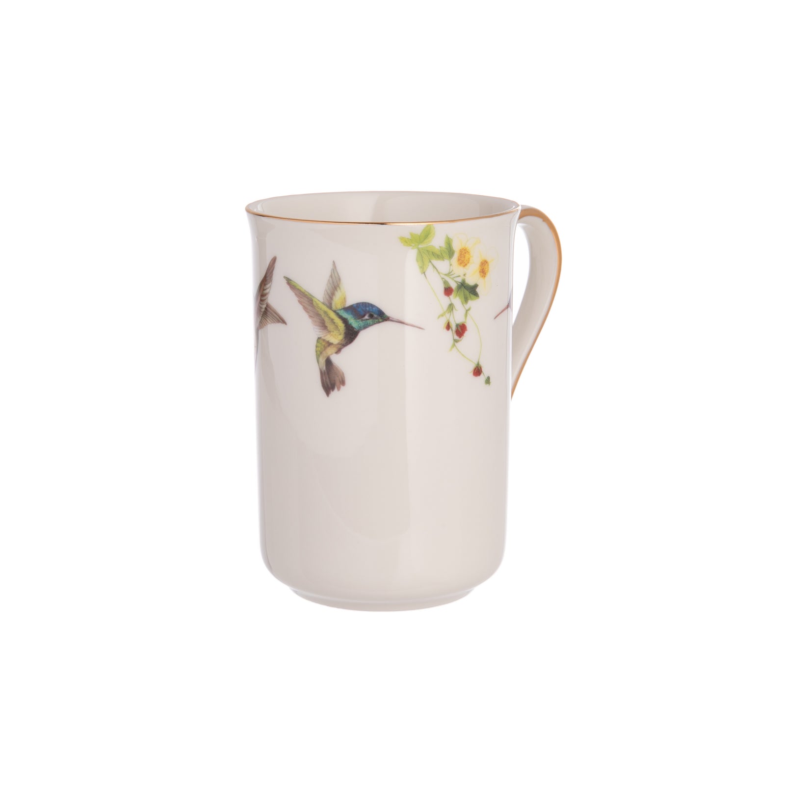 This delightful mug is made from fine bone China and is adorned with a charming hummingbird motif. It is finished with luxurious 10K gold accents, thus giving your morning coffee or afternoon tea a decidedly elegant touch. Material: Fine bone China Capacity 12 oz. Dimensions: 3" x 4.5" * Matching items available.