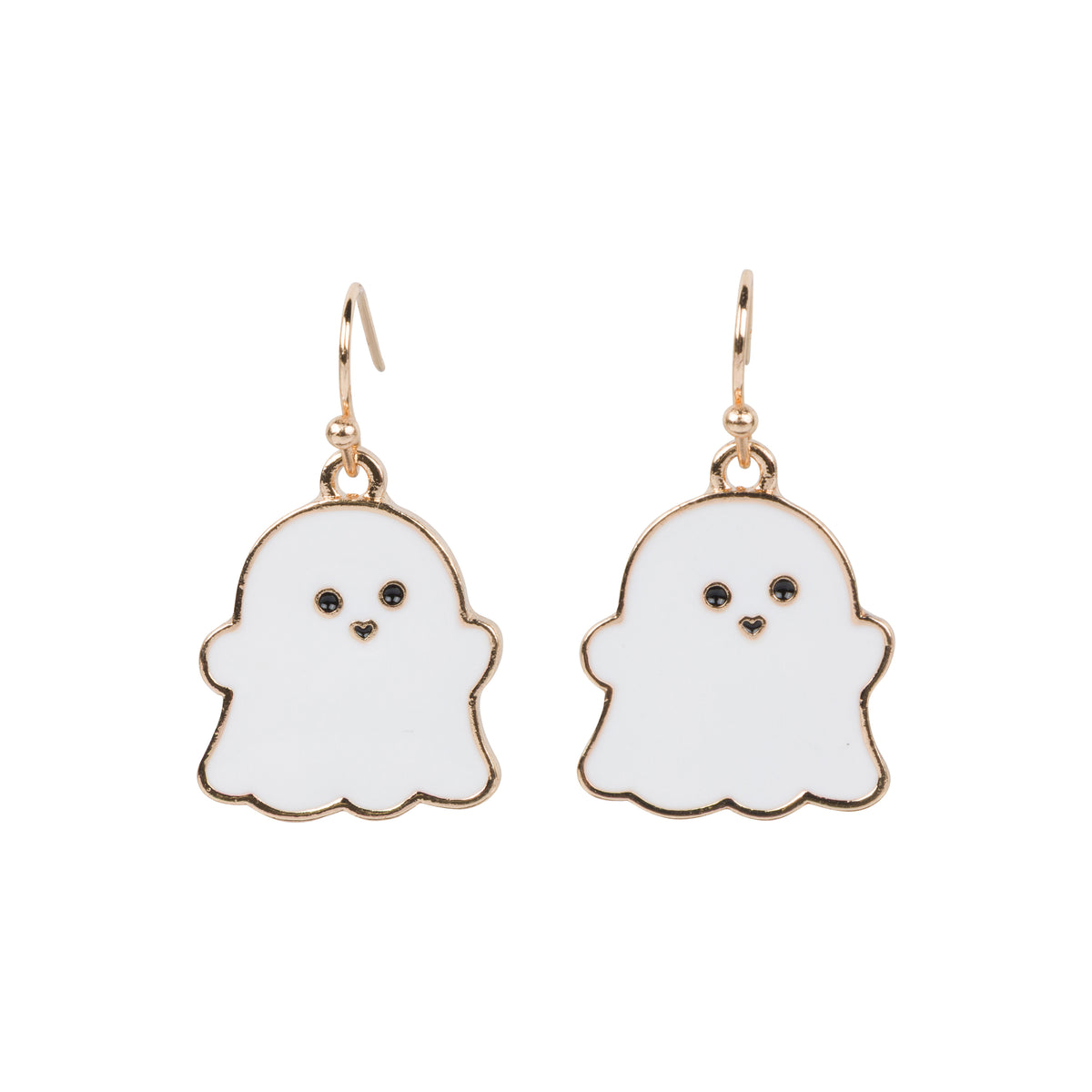 Ghost-shaped earrings with gold hooks on a white background
