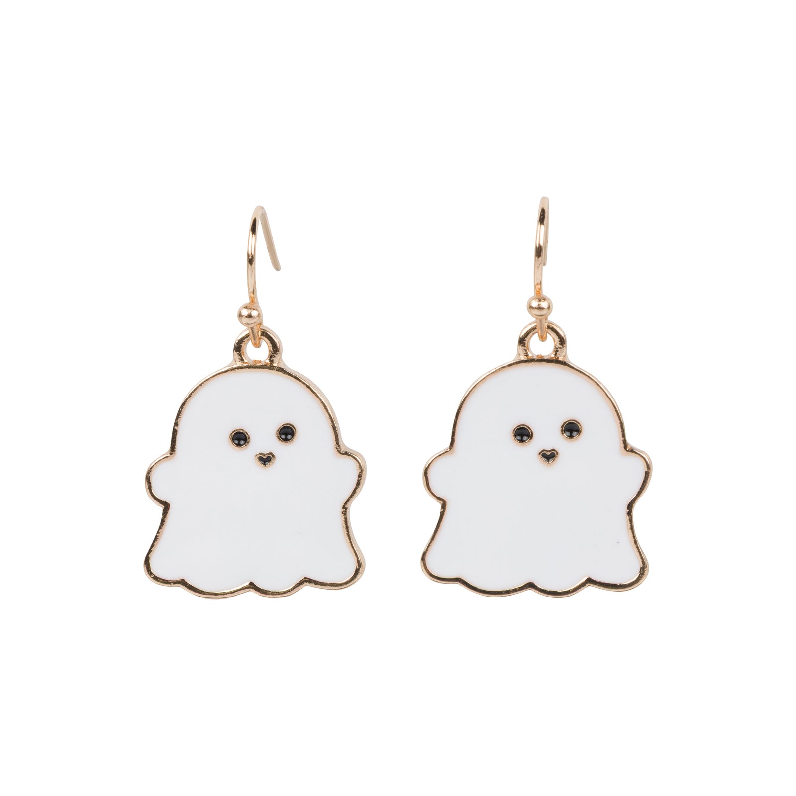 Ghost-shaped earrings with gold hooks on a white background