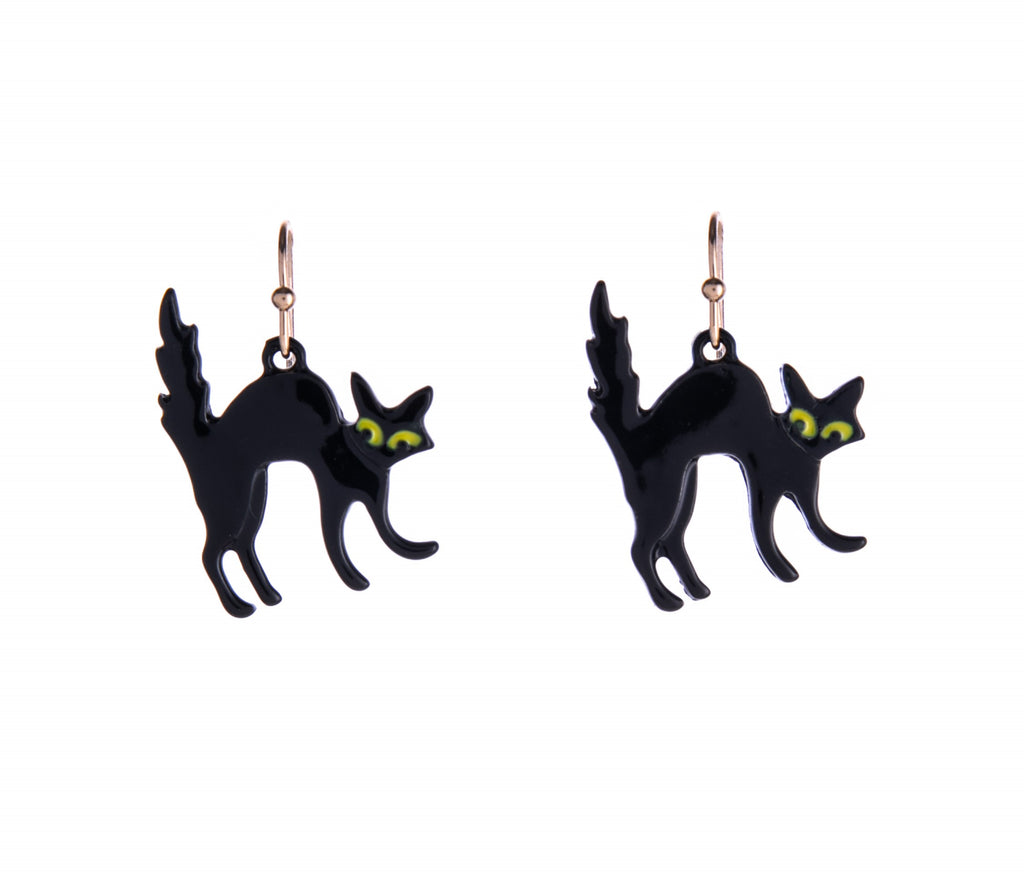 Celebrate your love of black cats with these dangling earrings. Perfect for Halloween, or if you are just a general cat lover, these drop earrings with a hook feature will add the perfect ounce of black cat whimsy to your outfit. Hook earrings Lead and Nickel-free Dimensions: 1" Length