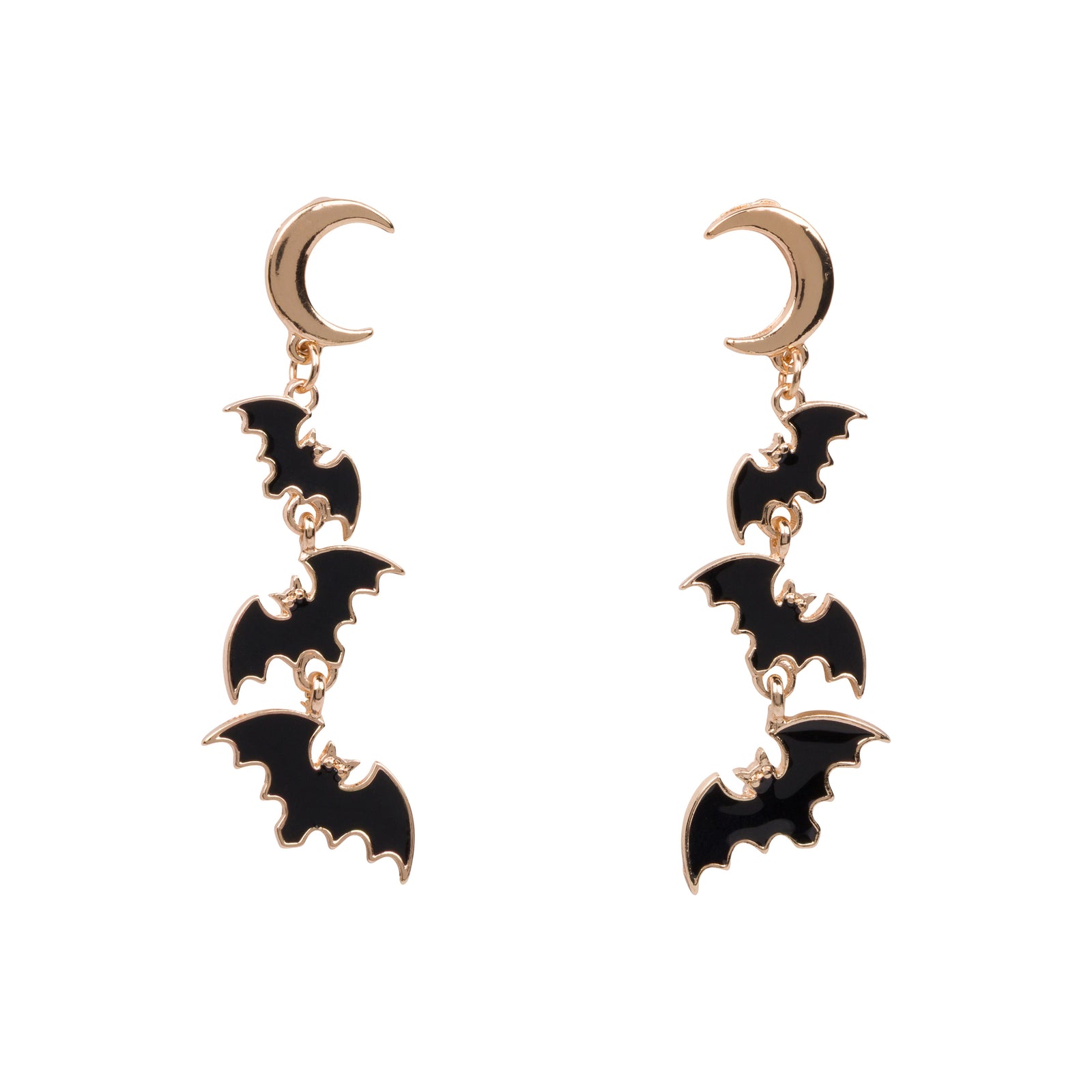 A pair of gold-tone and black enamel drop earrings featuring a crescent moon at the top and three stacked bat motifs below, shown on a plain white background.