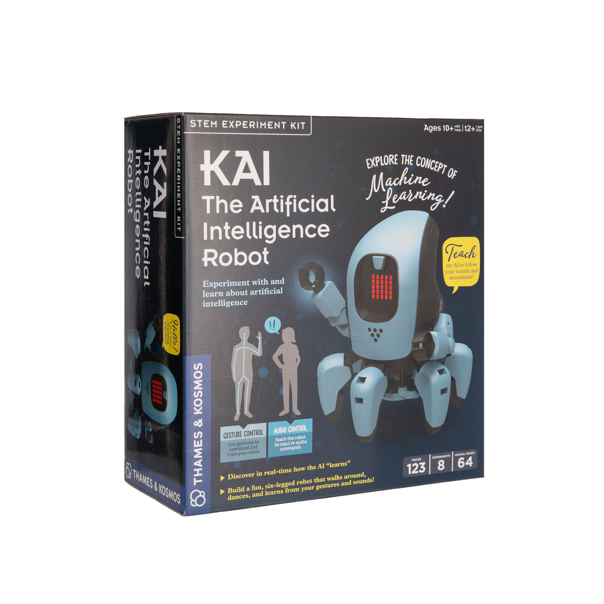 Boxed product of 'KAI: The Artificial Intelligence Robot Kit' showing the robot kit itself and indicating recommended ages of 10+.