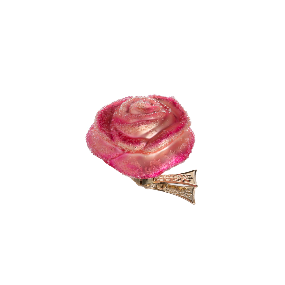Enjoy cheerful, rosy blooms, year-round with these sparkling rose ornaments. These glass ornaments are hand finished with sparkling glitter or enchanting frosting and have a sturdy golden clip at the base so that you can attach easily to anything you like! Dimensions: 3&quot; x 3&quot; x 2.5&quot;. Clip attachment.