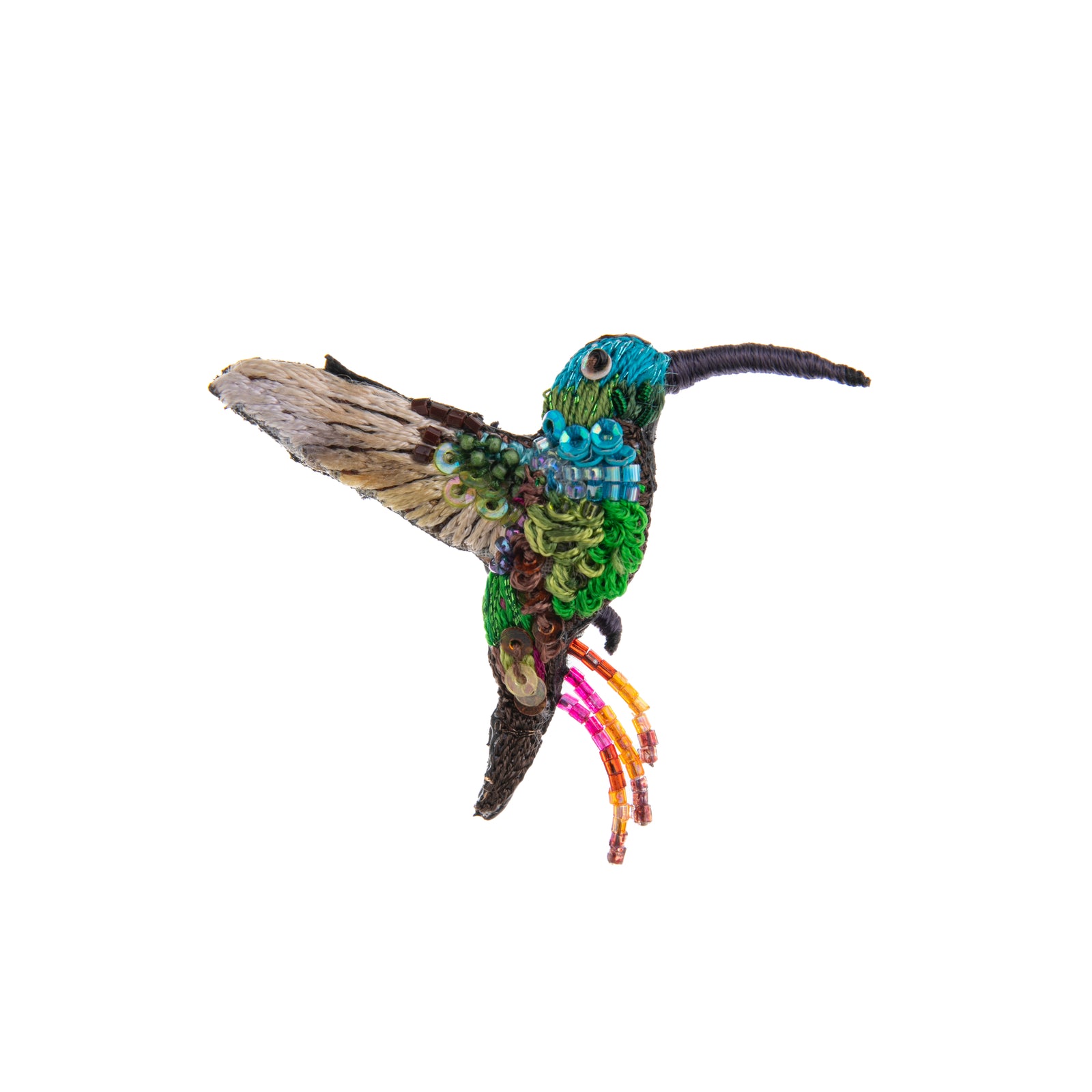 This emerald chin hummingbird pin would look adorable pinned to your hat or lapel. Its beadwork and embroidery are hand-done, all on a base of cotton and felt. 