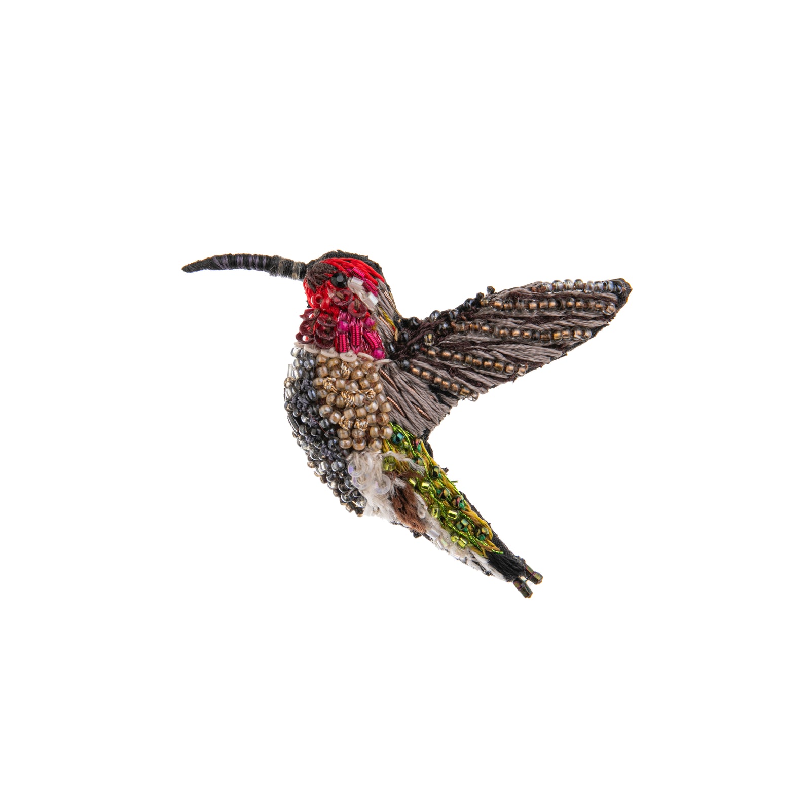 The tiny hummingbird is celebrated in this beaded pin. With its ruby throat and iridescent body, this sparkling hummingbird pin is intricately hand-embroidered.