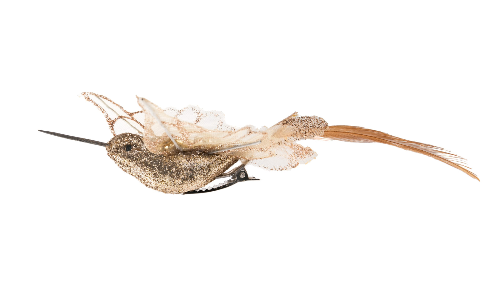 Hummingbirds are a California garden favorite. Celebrate these beautiful birds with this delightful clip-on ornament. With a glittered body, filigree wings and real-feather tail, these are sure to add a pop of sparkly sweetness to your holiday decor. Clip-on ornament. Dimensions: 3" x 2".