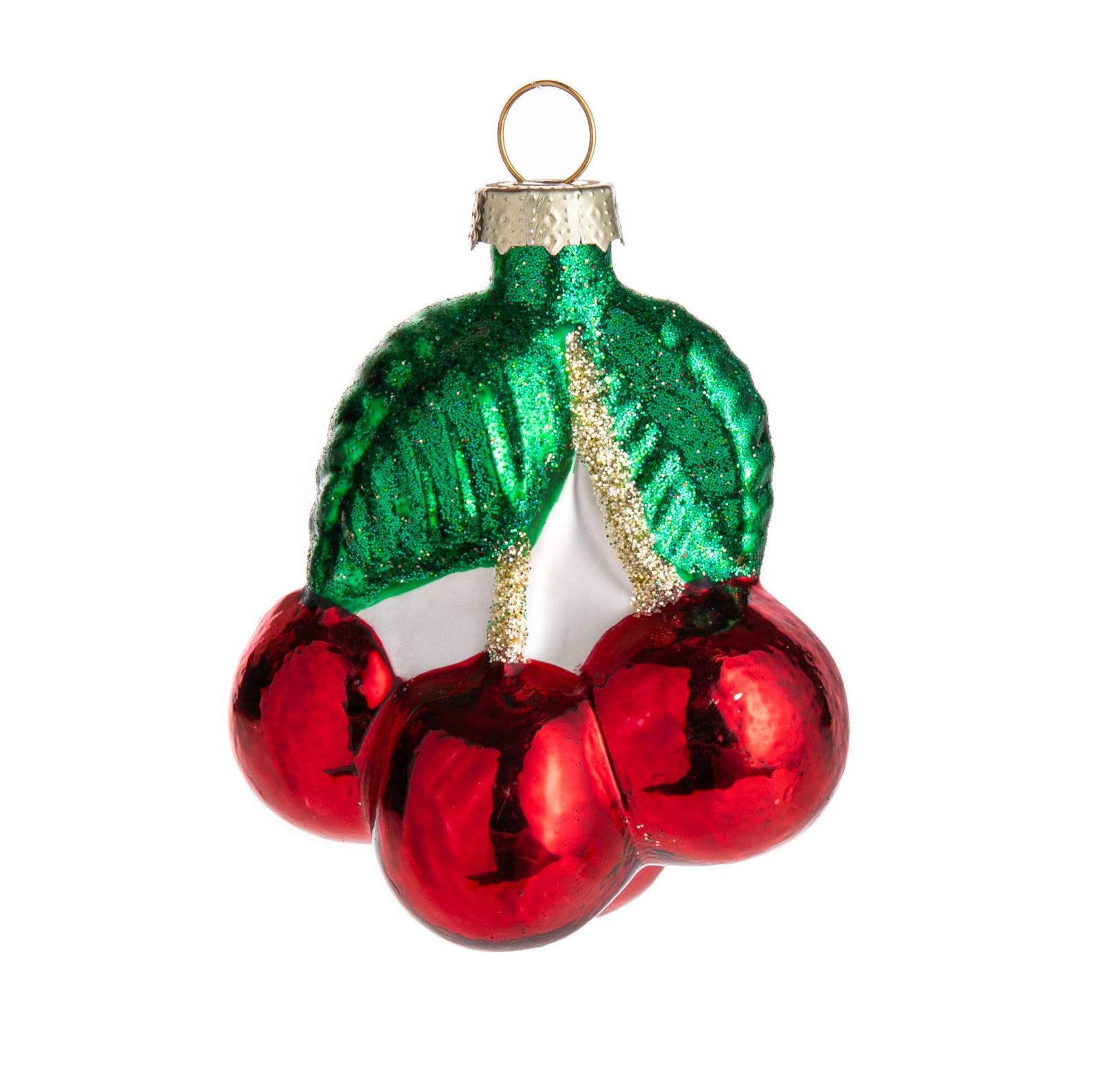 This cherry bunch ornament will add a splash of sweetness to your holiday decor. Vibrant red cherries are topped with glittered green leaves and a sparkly gold stem - delicious! Glass ornament Hand glittered Dimensions: 3" x 3".
