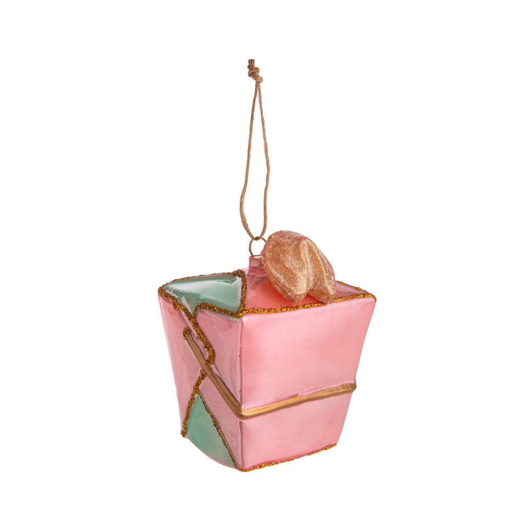 These take out box ornaments are the ultimate level of whimsy! With a fortune cookie adorning the top of each box and a gold pagoda on one side. They come in 3 quirky colors, and are made from hand-blown glass. They would make a perfect addition to a colorful tree! Dimensions: 4" Hand-blown glass ornament 