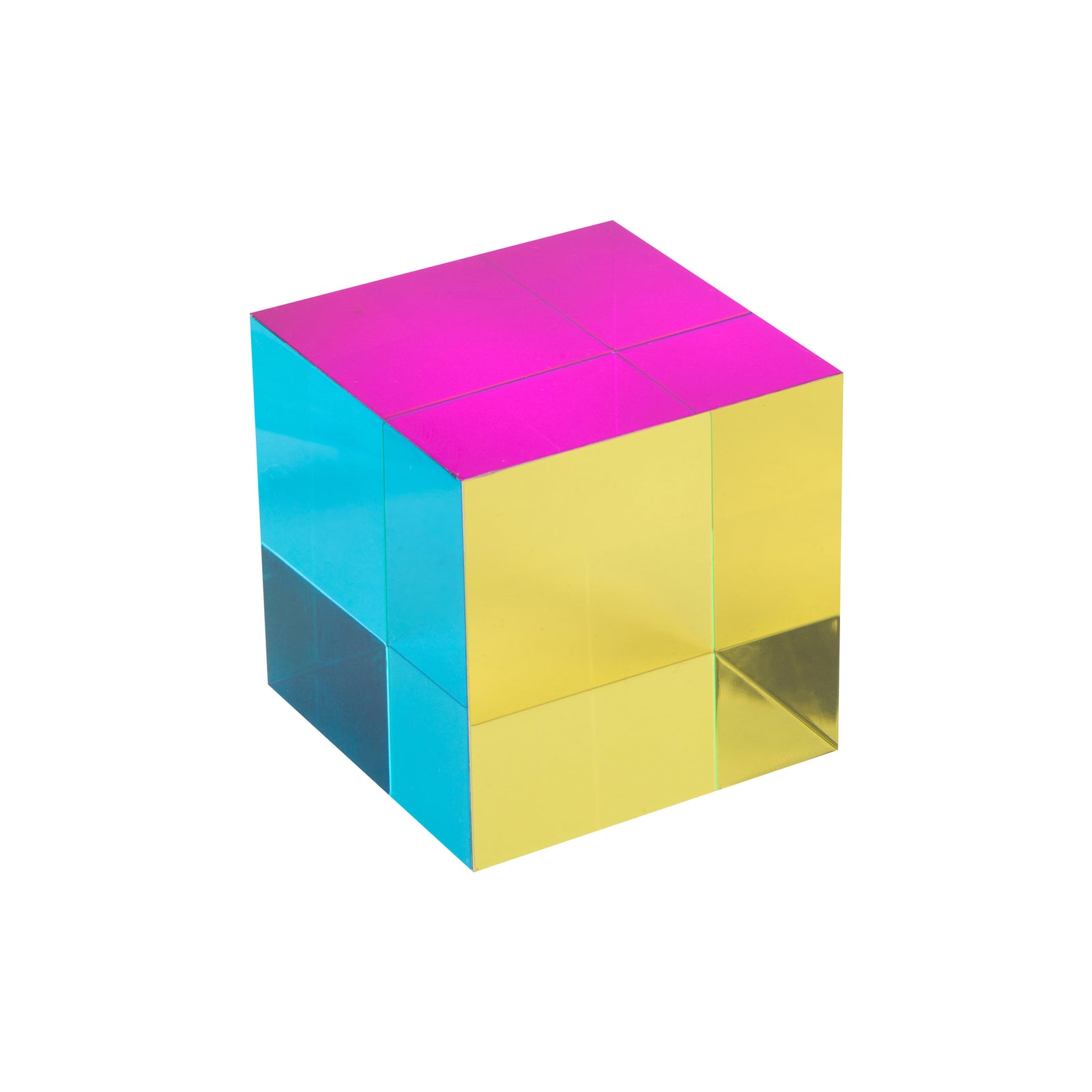A cube-shaped acrylic block with a holographic finish, showing vibrant pink, yellow, and cyan reflections on a plain white background.