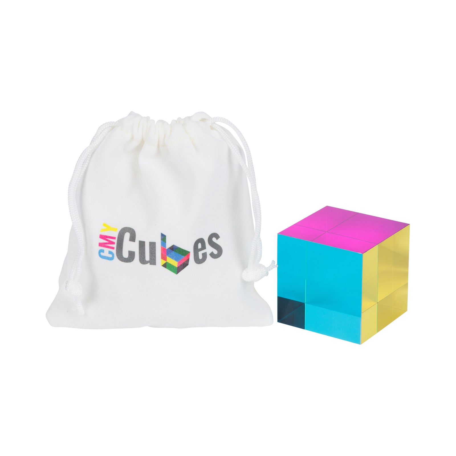 A cube-shaped acrylic block with a holographic finish, showing vibrant pink, yellow, and cyan reflections on a plain white background.