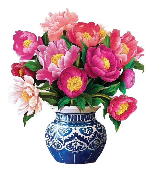 This mini pop-up peony bouquet includes an indigo and white patterned paper pot. This is the perfect arrangement to keep for yourself or send to your loved ones with sentiments of love and well wishes. Measures approximately 5.5” high by 5" across 100% Recyclable Paper Comes with 2.5" x 3.5" note card and mailing envelope