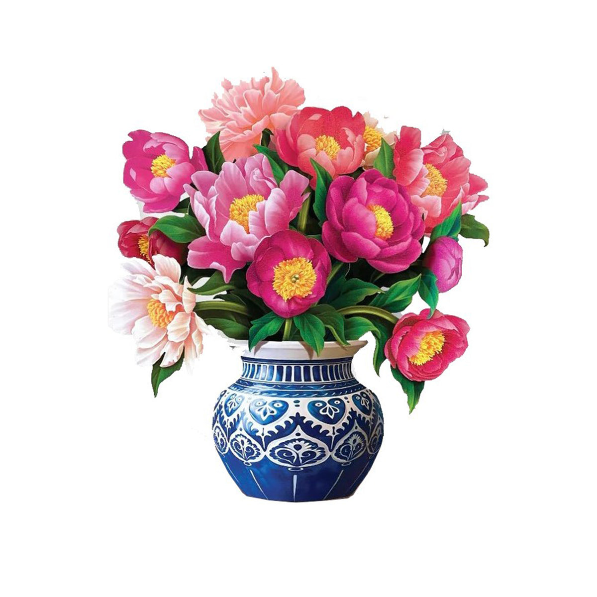 A vibrant bouquet of pink and red peony flowers with yellow centers and green leaves, arranged in a blue and white patterned ceramic vase against a solid white background.