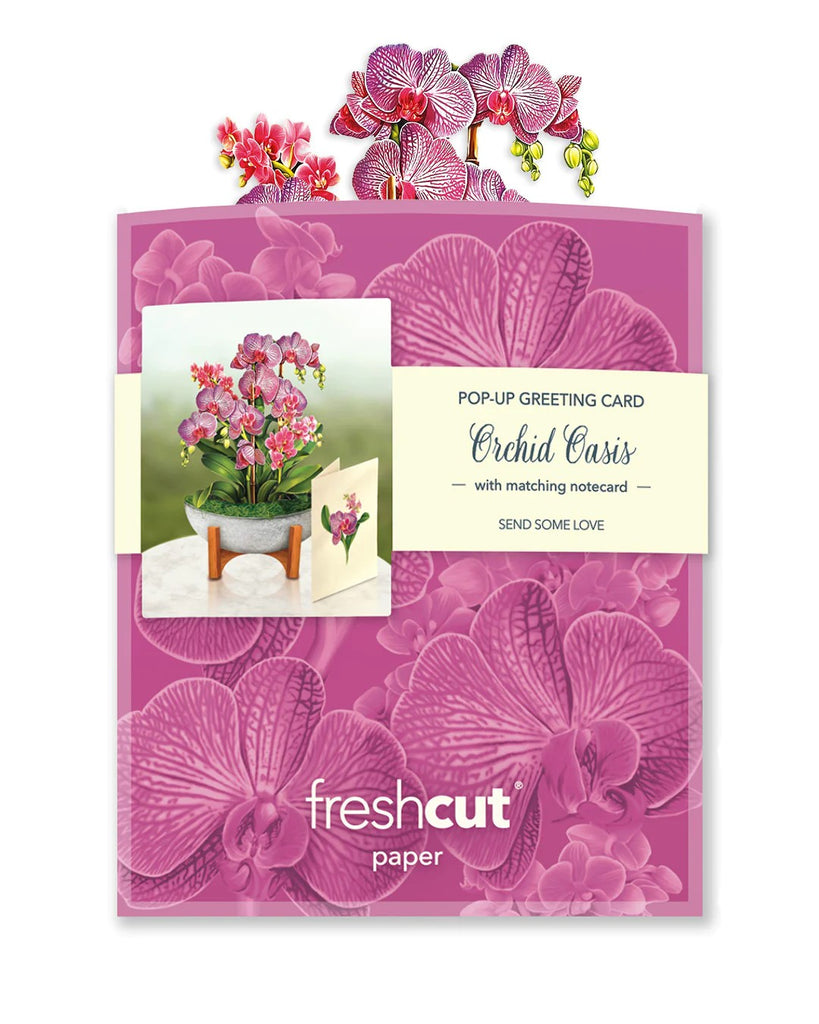 These striking pop-up paper orchid blooms embody the lush landscapes of the rainforest, but in your own home. Measures approximately 5.5” high by 5" across 100% Recyclable Paper Comes with 2.5" x 3.5" blank note card and mailing envelope