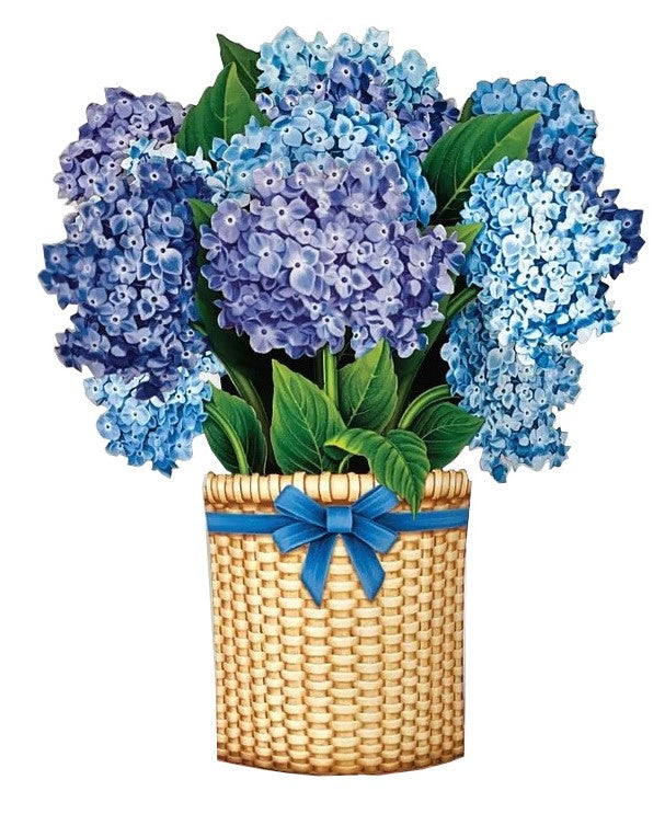 This Mini Hydrangea pop-up paper bouquet features delicate blossoms in shades of cerulean, indigo, and powder blue in powerful yet pocket sized style. Measures approximately 5.5” high by 5" across 100% Recyclable Paper Comes with 2.5" x 3.5" blank note card and mailing envelope