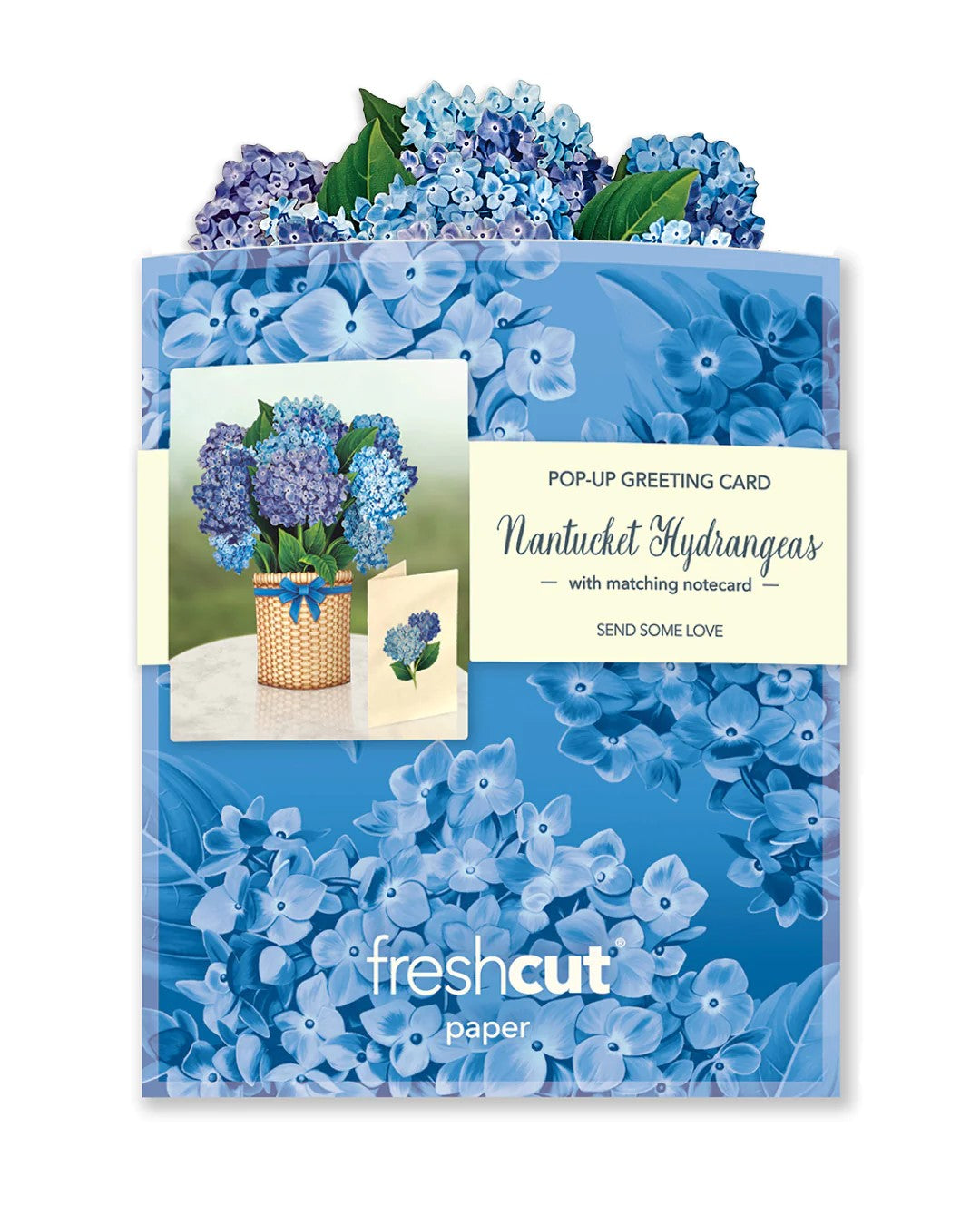 This Mini Hydrangea pop-up paper bouquet features delicate blossoms in shades of cerulean, indigo, and powder blue in powerful yet pocket sized style. Measures approximately 5.5” high by 5" across 100% Recyclable Paper Comes with 2.5" x 3.5" blank note card and mailing envelope