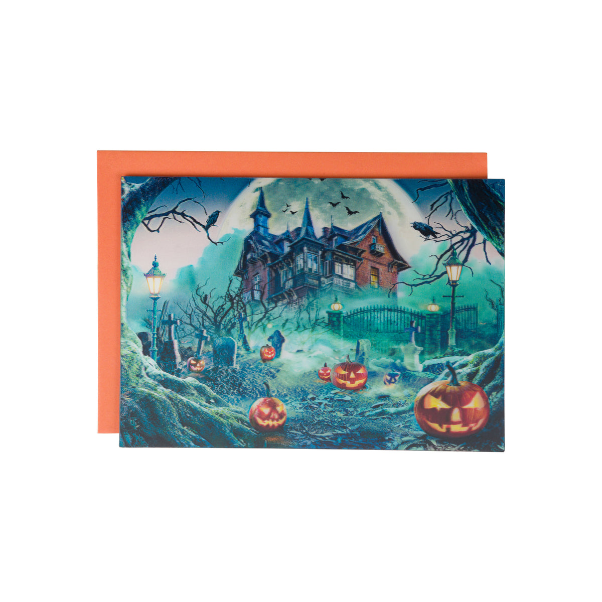 A Halloween-themed art print or card featuring a spooky haunted house, bats, jack-o'-lanterns, and a misty graveyard scene, shown with an orange backing card on a white background.