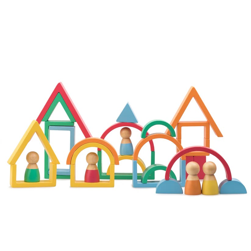 This rainbow nesting blocks will spark the imagination and inspire creative building. The montessori-inspired blocks help develop the brain as well as being great for hands-on learning.  Perfect for kids to explore colors, shapes, and balance. Also comes with wooden tray for storage.  Recommended ages: 3+ Non-toxic