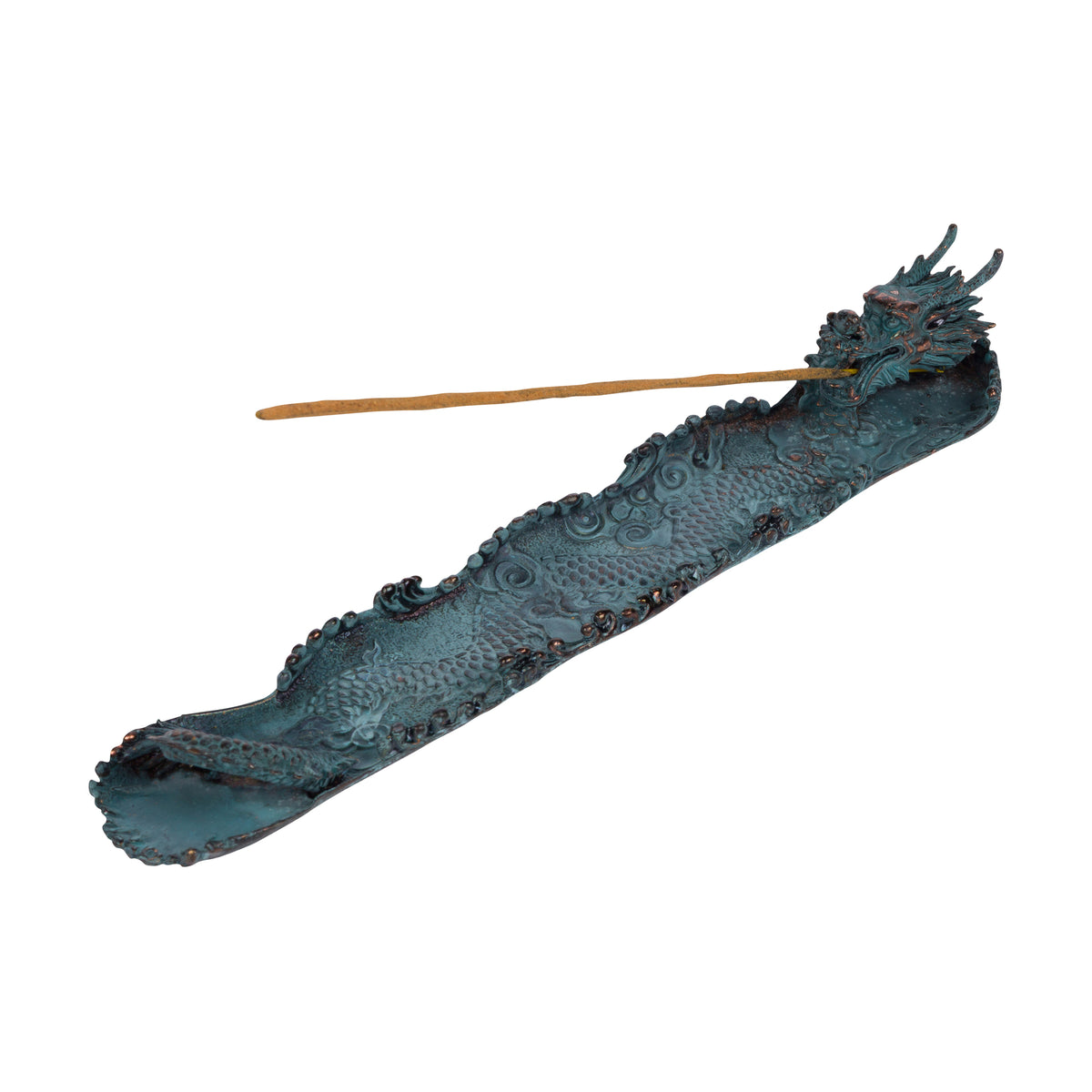 Charcoal black metal dragon-shaped incense holder on a white background.