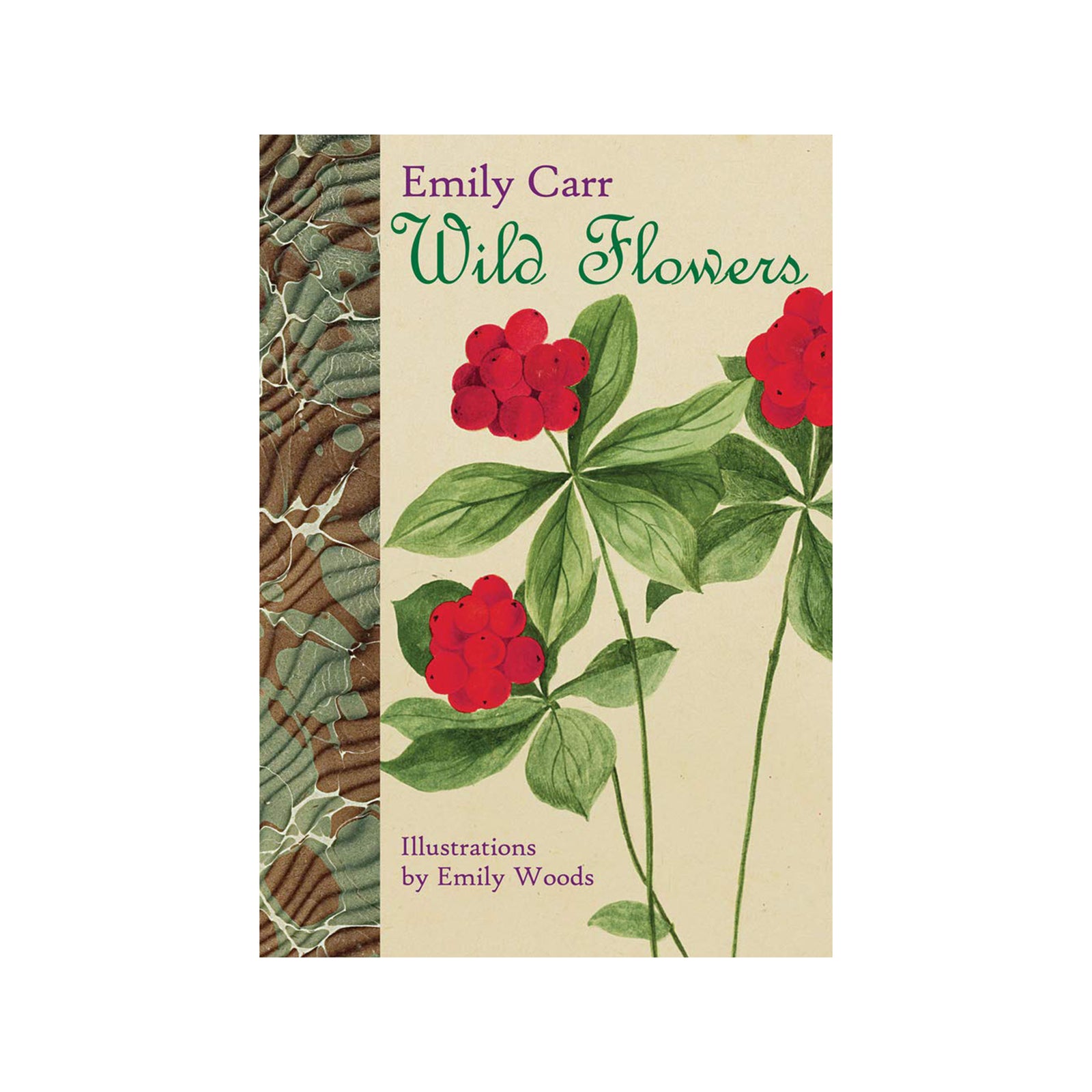 Book cover of 'Wild Flowers' by Emily Carr with illustrations of red flowers and green leaves.