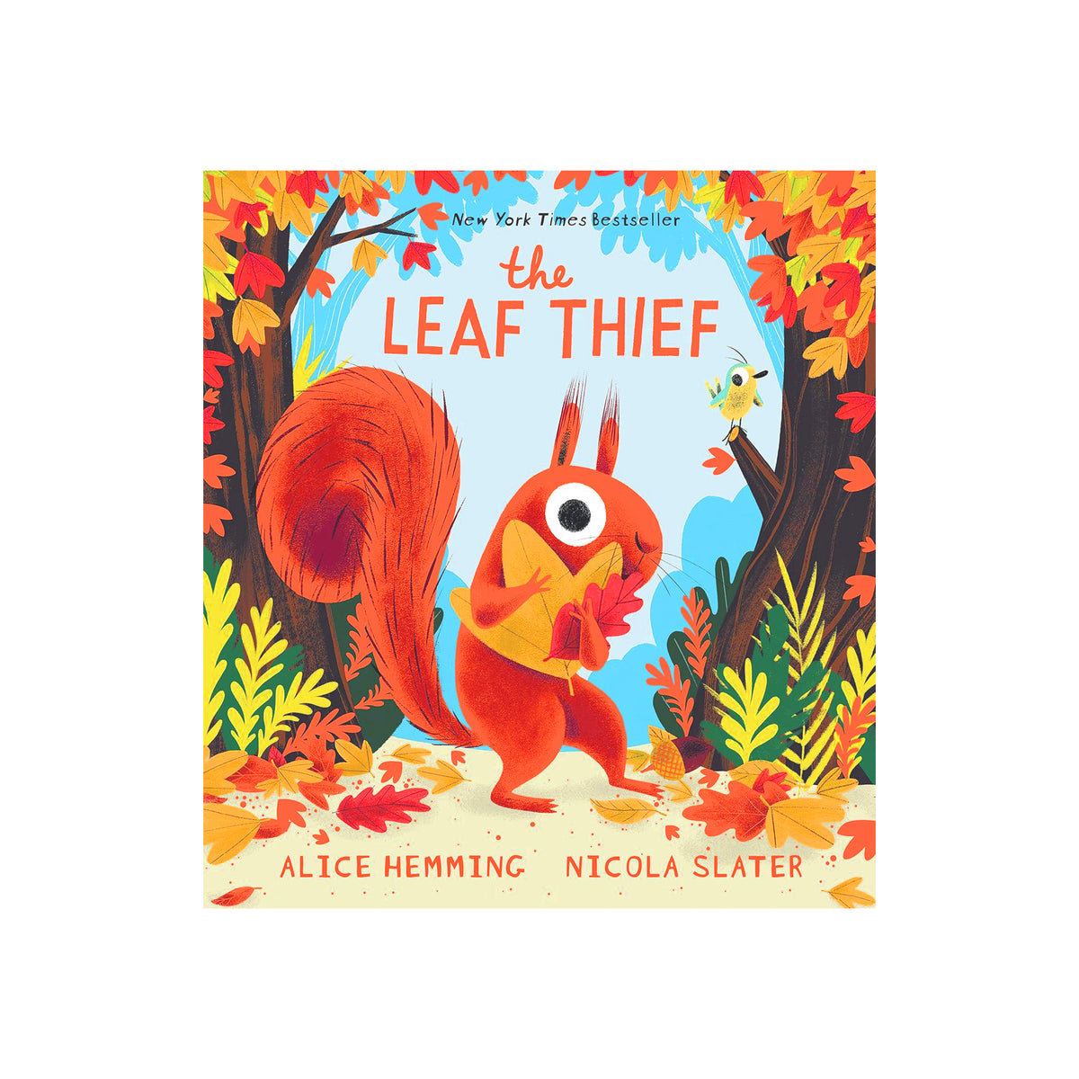 Book cover of The Leaf Thief by Alice Hemming and Nicola Slater showing a cartoon style illustration of a red squirrel amongst autumn leaves on a white background.
