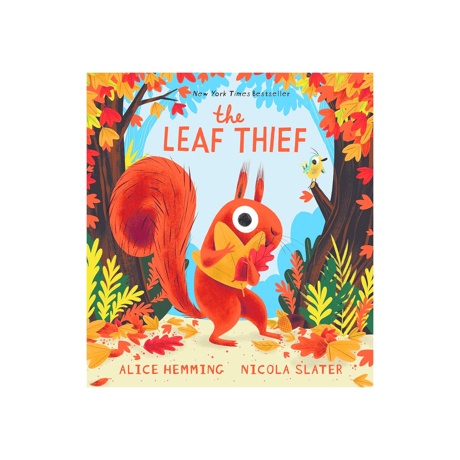 Book cover of The Leaf Thief by Alice Hemming and Nicola Slater showing a cartoon style illustration of a red squirrel amongst autumn leaves on a white background.