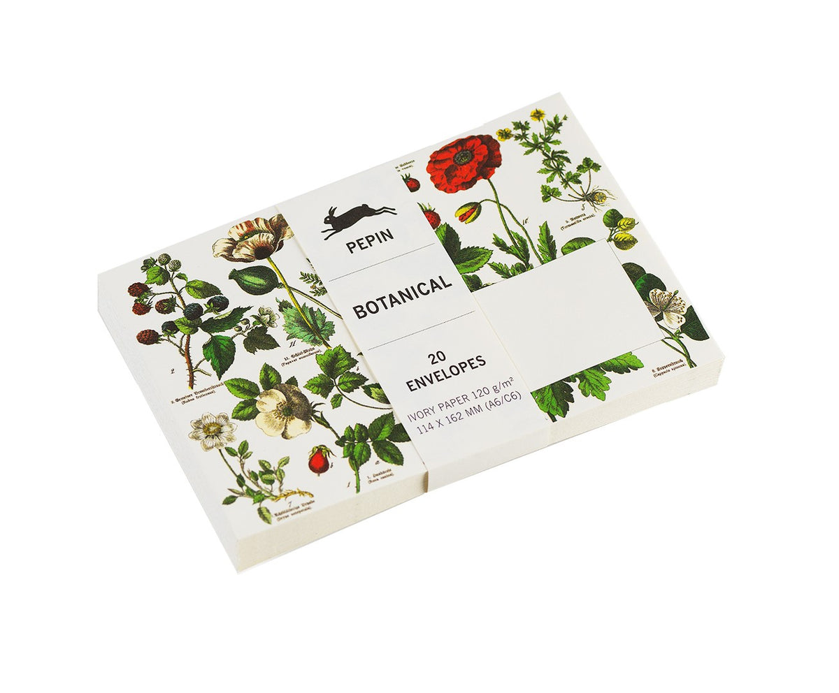 These botanical envelopes are rich with vintage botanical illustrations containing gorgeous flowers and their names in English and Latin.  Perfect for sending a note to a loved one, a birthday message, or just to use as part of your stationery set. Printed on ivory paper. 20 envelopes Dimensions: approx. 4&quot; x 6.5&quot;