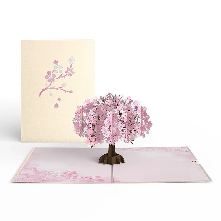 In some cultures, cherry blossoms symbolize love and beauty. With its pink and white flowers, the cherry blossom tree comes to life in this 3D pop-up notecard. 