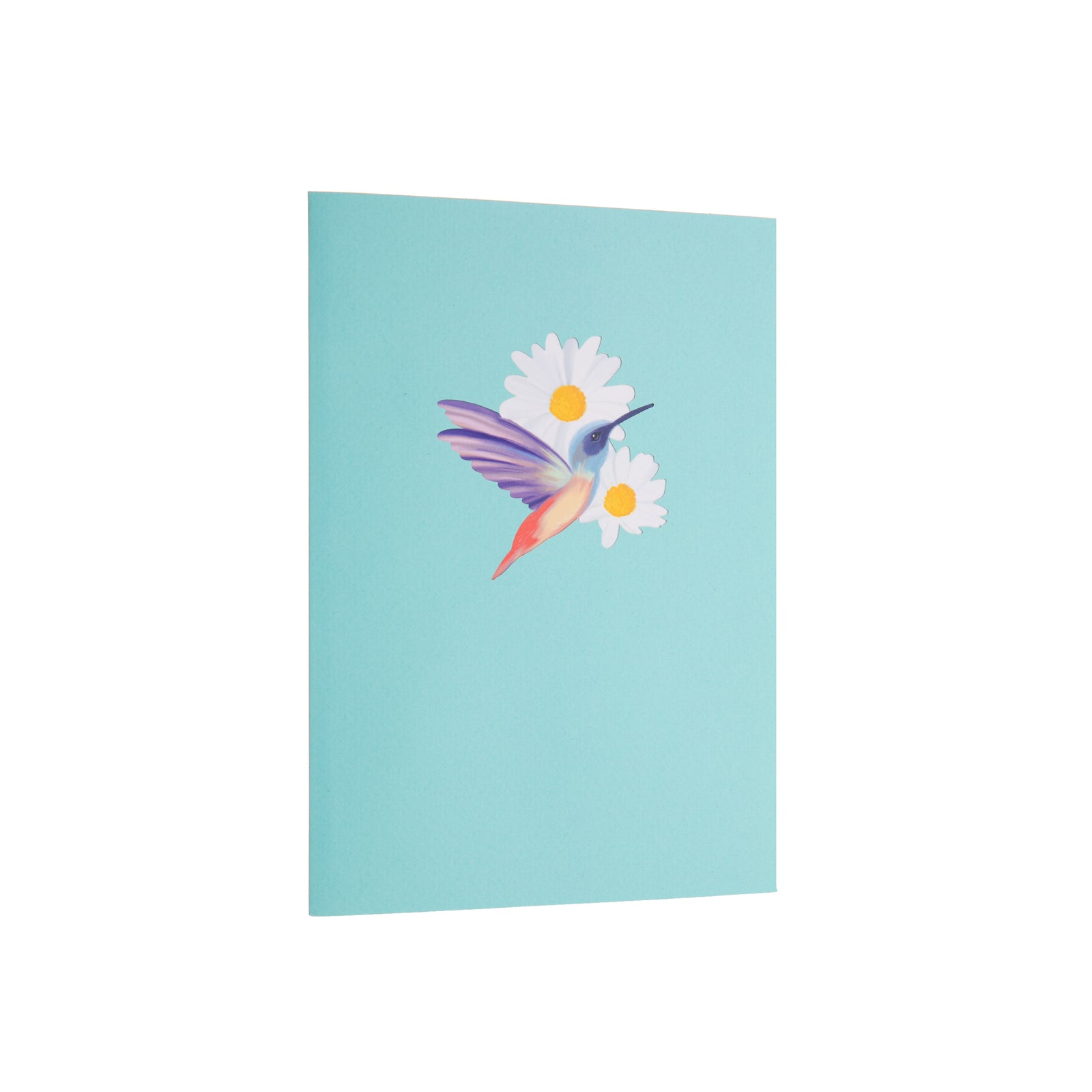 Pop-up card with a colorful hummingbird and flowers on a white background