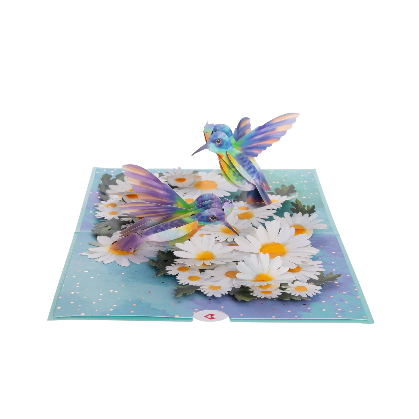Pop-up card with a colorful hummingbird and flowers on a white background