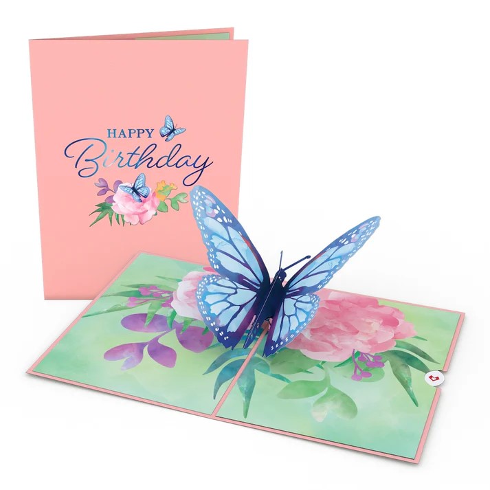 Make someone's heart flutter with this metallic blue butterfly pop-up birthday card. With laser-cut details and iridescent shades of blue, this unique 3D card is the perfect way to send a brilliant and colorful birthday wish.  3D pop-up card Includes an envelope and a note card Dimensions when closed: 5" x 7"