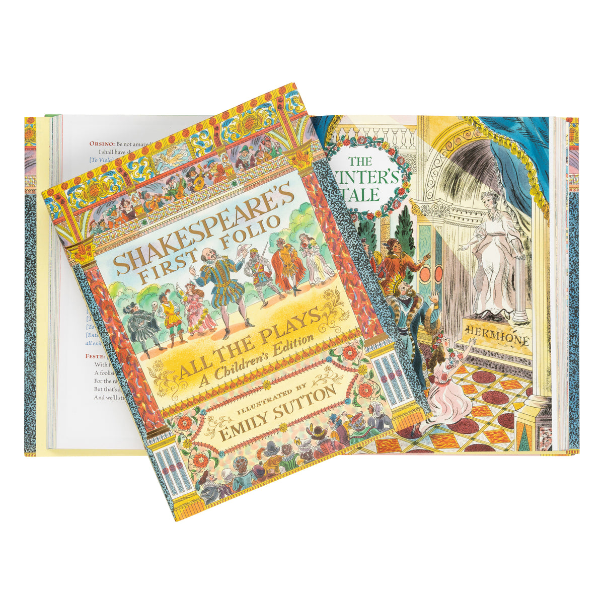 The Shakespeare's First Folio All the Plays A Children's Edition book set, featuring a decorative illustrated slipcase in front of an open book displaying 'The Winter's Tale' on a clean white background.