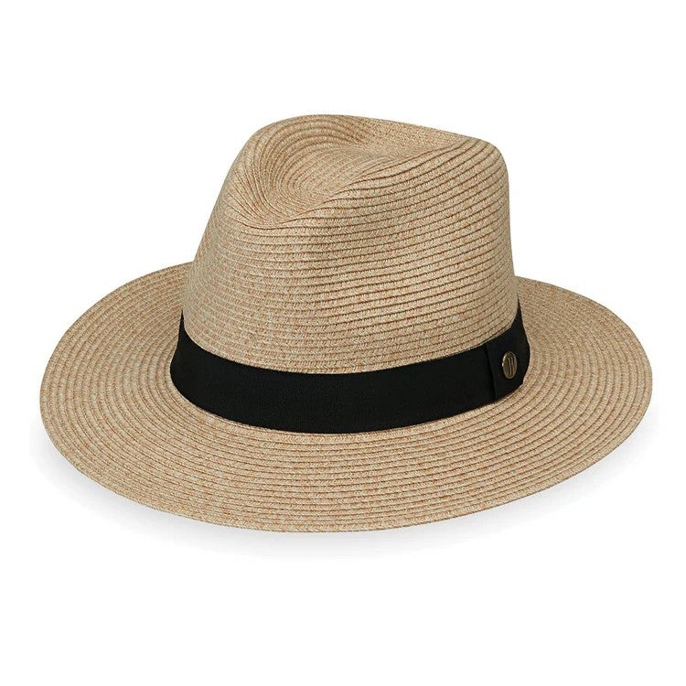 This packable hat features a moldable wire-edged brim design with a sleek wide black ribbon band. This sun hat packs easily into a suitcase for your go-to vacation accessory, or into a tote bag for on the beach-day adventures. UPF 50+ 3" brim Packable: Soft taco fold Crown sizes: M/L (59 cm) and L/XL (61 cm)