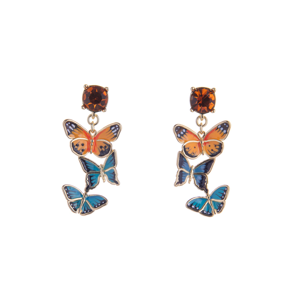 These cascading blue and orange butterflies are stunning for a statement earring that will add whimsy to your outfit. With a crystal post, these have sparkle and nature. Grab these for a colorful pop of these bedazzling bugs. Material: 18ct Gold-plated Brass, Enamel Dimensions: Approx. 0.6" W x 1.4" L Stud post