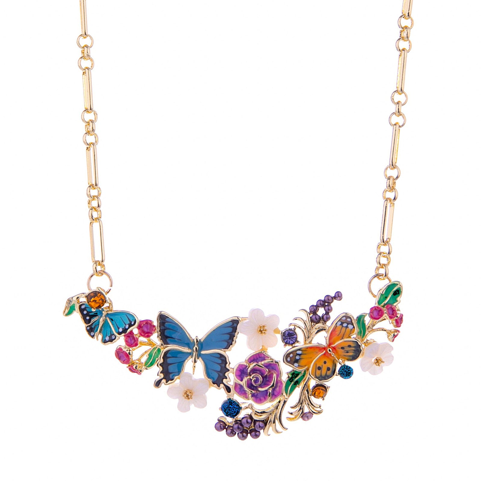 Colorful butterfly and floral necklace on a white background