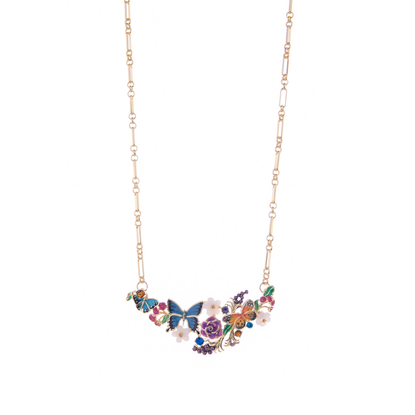 Colorful butterfly and floral necklace on a white background
