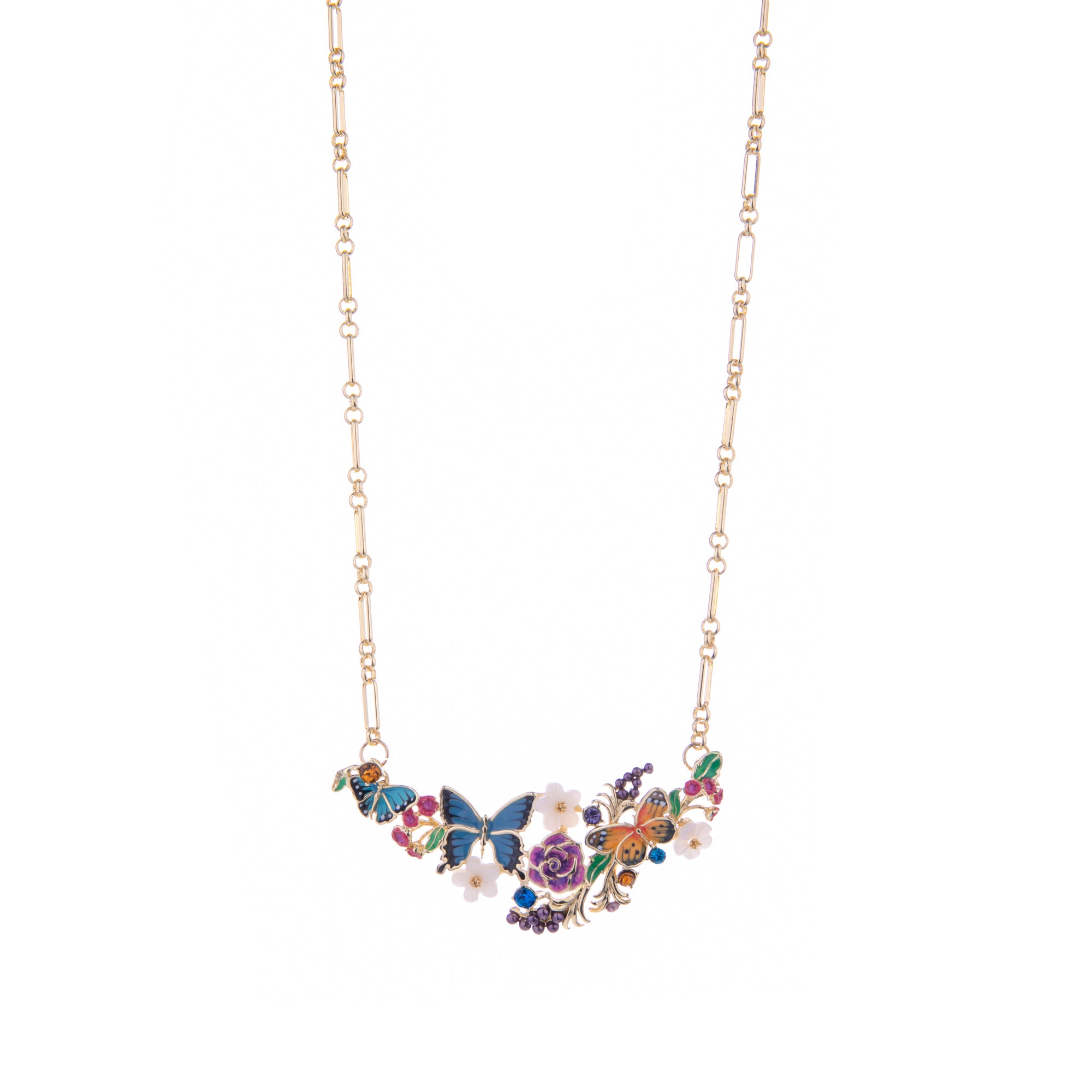 Colorful butterfly and floral necklace on a white background