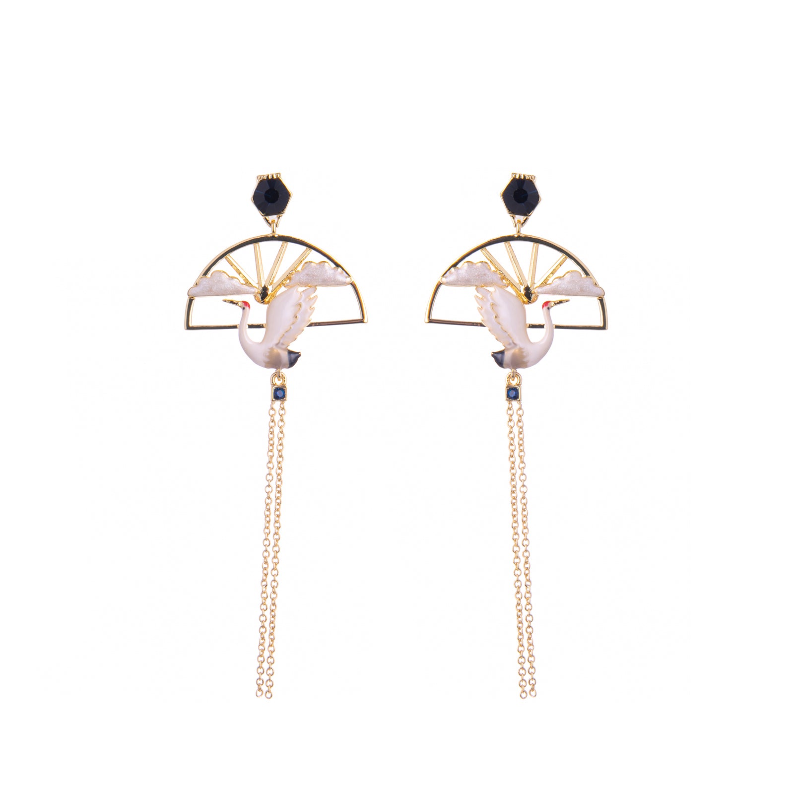 These Asian-inspired earrings feature a beautiful hand-painted crane and pearlized resin clouds set on a high polish 18ct gold plated sunray beneath a deep blue simulated sapphire stud. Materials: 18ct gold plated metal, enamel. Surgical steel posts. Dimensions: 2.75" x 1".