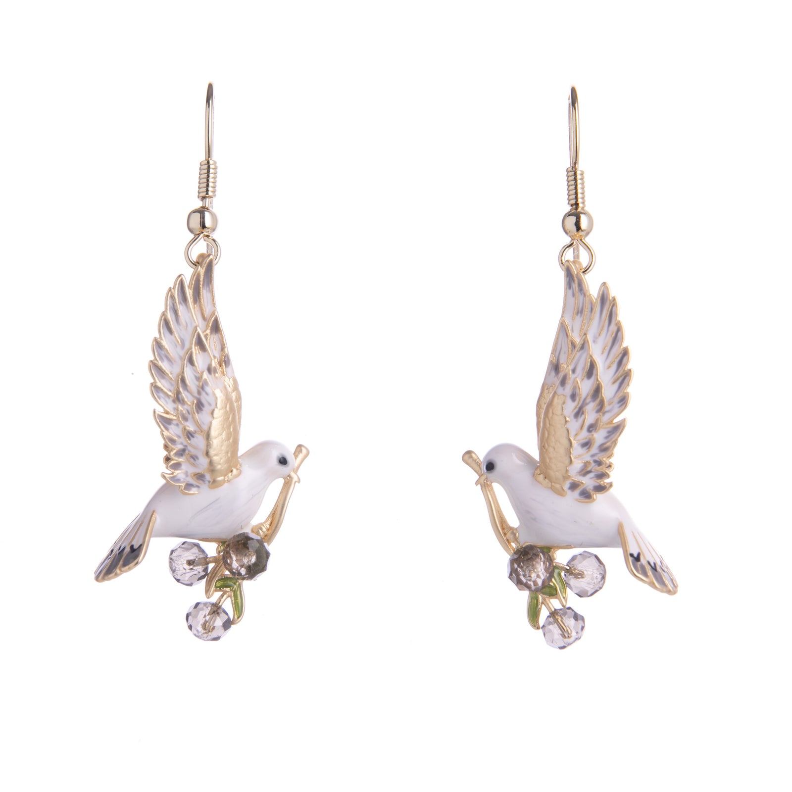 These delightful dangle earrings feature a delicate and intricately designed peace dove, crafted with precision and adorned with enchanting enamel detailing.  Materials: Gold plated brass, enamel, glass beads. Dimensions: 1.2" x 0.75". Hook fastening.