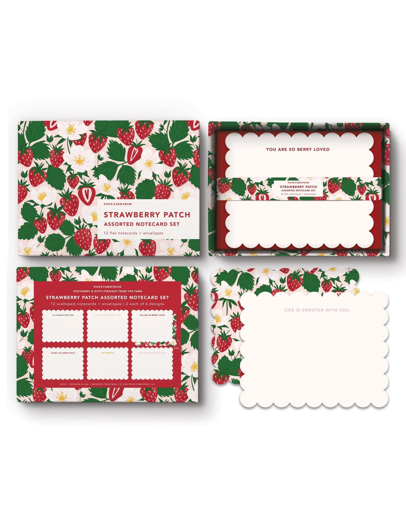 Send some letters with this Strawberry Patch Assorted Notecard set! With 6 designs, you can send various strawberry-themed messages to loved ones. The scalloped edges with floral and berry detail make for a sweet notecard set. Dimensions of cards: 5" x 6" 12 scalloped-edge notecards Red envelopes 2 each of 6 designs