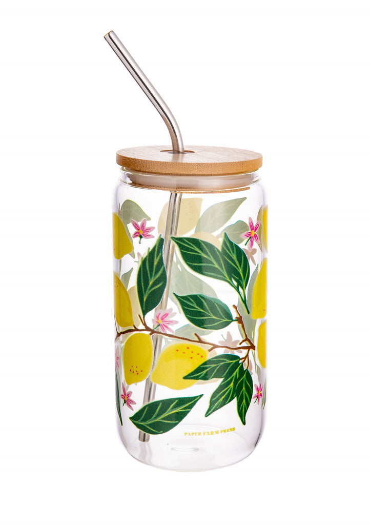 Take your beverage to go with this Lemon Grove Glass Can! This glass is perfect for your iced coffee or even your fresh-squeezed lemonade. Hand-painted design of a lemon grove with pink flowers. With a bamboo lid and metal straw.  Holds 16 oz. Dimensions: approx. 6" H x 3" D Care instructions: Hand wash only