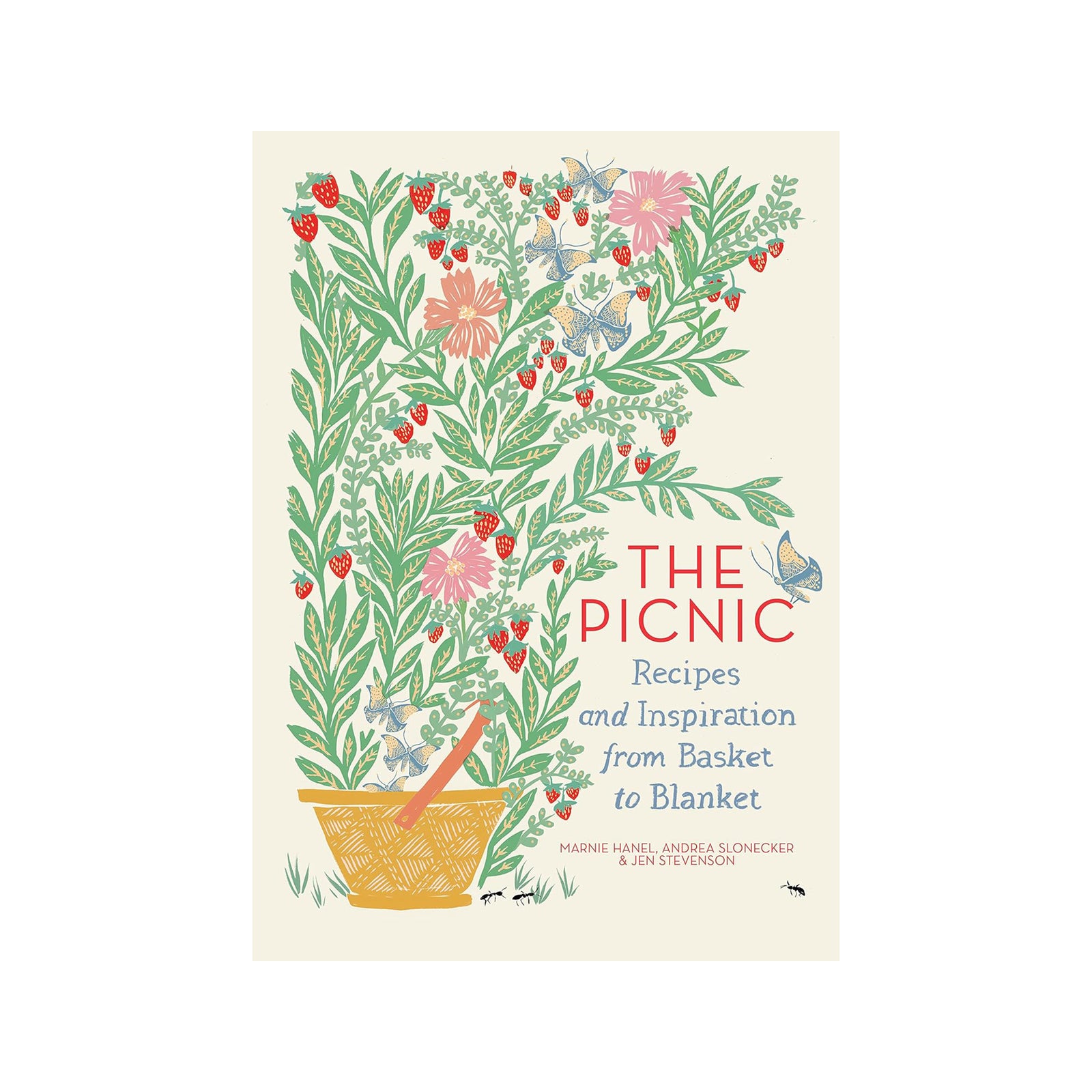 Book cover of 'The Picnic' with illustrations of strawberries, flowers, and a picnic basket.