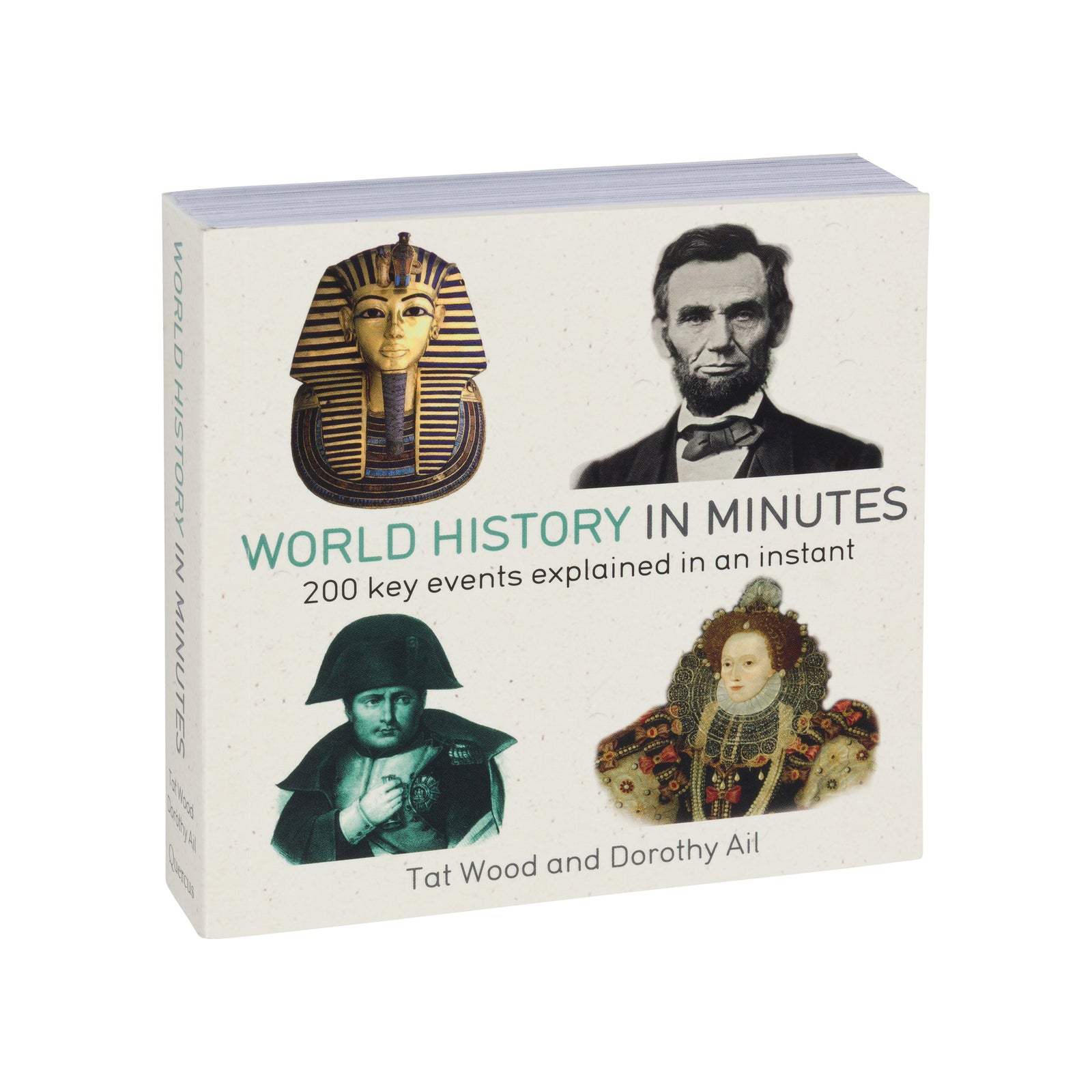Book cover of World History in Minutes with pictures of historical figures on a white background.