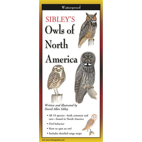 Written and illustrated by David Allen Sibley, a bird illustrator and ornithologist, this owl field guide includes tips for spotting all 19 species of owls in North America as well as detailed range maps. The guide also includes illustrated information on owl behavior. Tough waterproof lamination Dimensions: 4" x 9"
