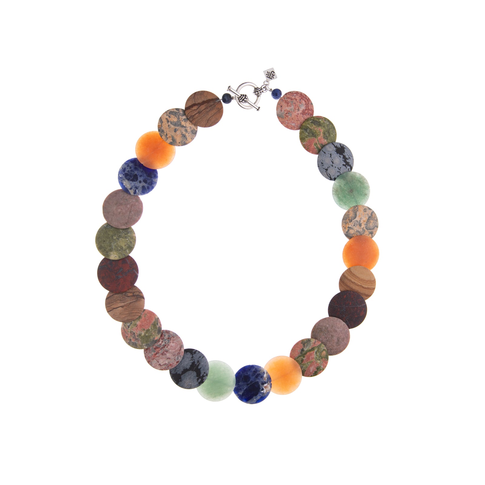 This fabulously colorful necklace features many variations of agate discs, and also has a sterling silver toggle clasp. 