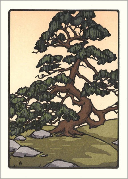 This gorgeous Japanese Pine notecard was designed by artist Yoshiko Yamamoto. Born and raised in Tokyo, Japan, Yamamoto has studios in both the US and Kamakura, Japan. With a blank interior, send this notecard to a loved one with a personalized message for a special occasion. Dimensions: 5" x 7" Letterpress printed 