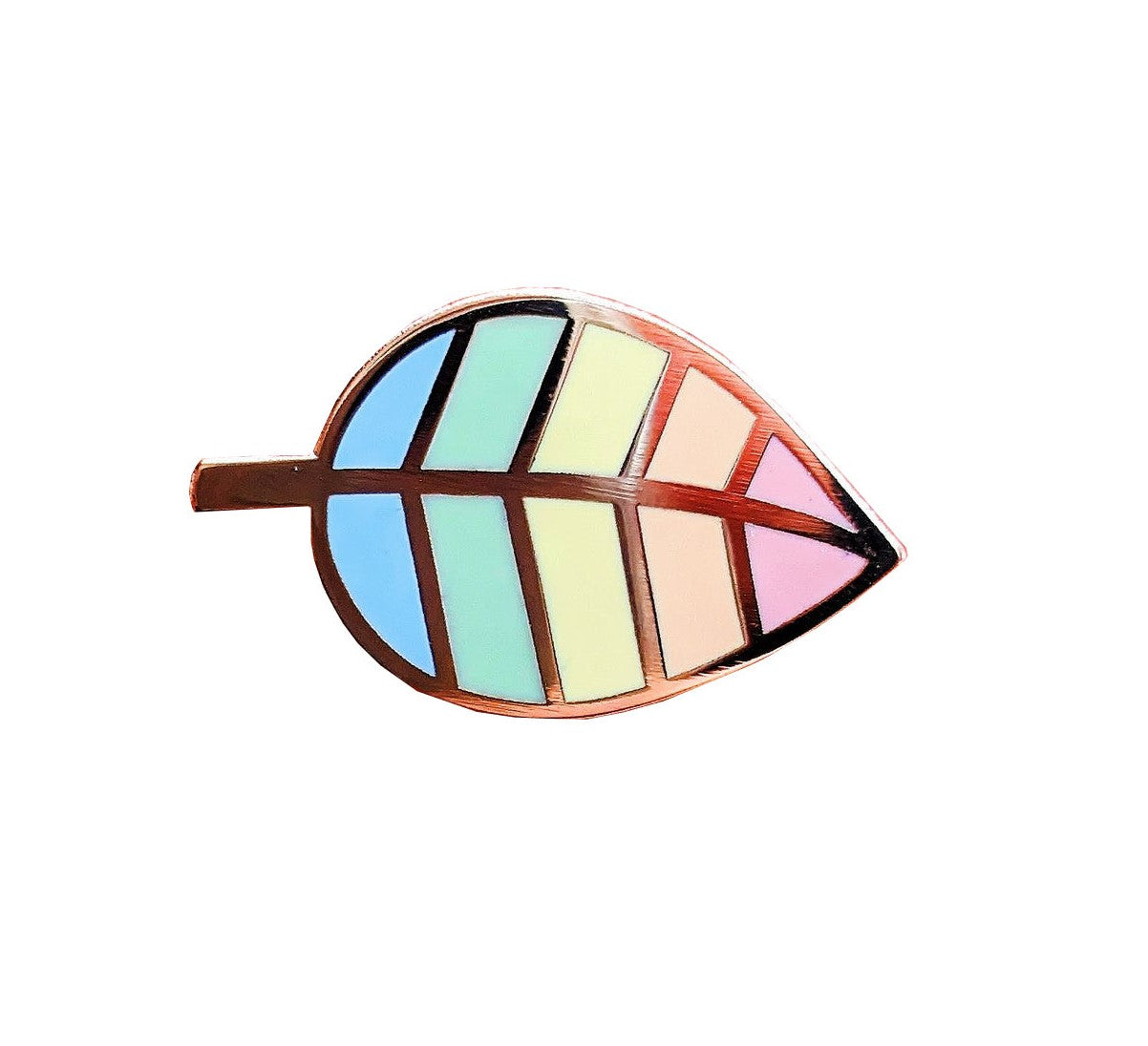 Show off your pride with this pastel rainbow leaf pin! Add it to your jacket, bag, beanie, or pin collection for a subtle yet proud statement.  With yellow gold detail and pastel colors, it's sure to look unbe-leaf-ably cute wherever you pin it.  Dimensions: 1.25" length Materials: Enamel, yellow gold metal 